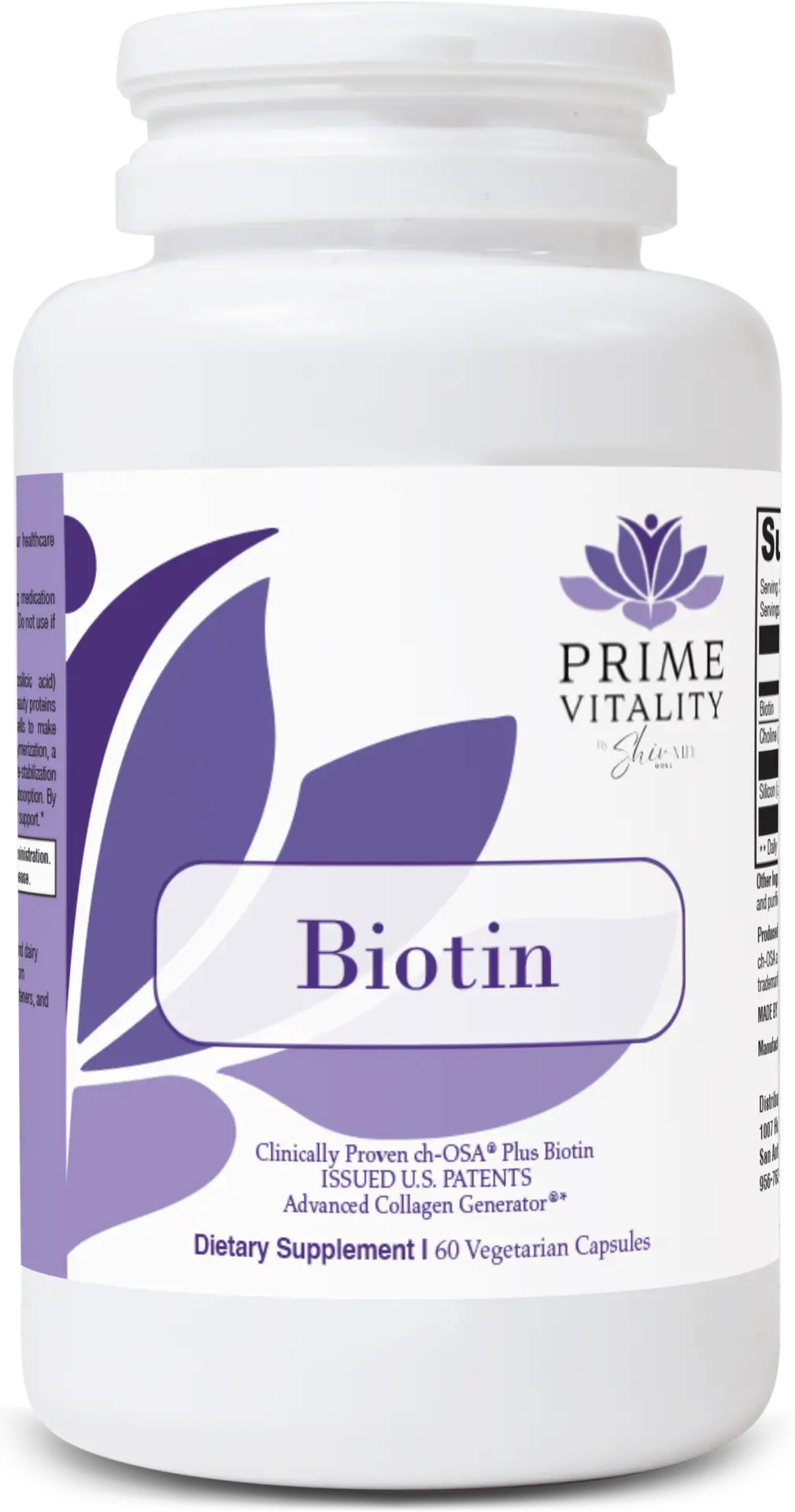 Bottle of Elarive MD Vitality Biotin dietary supplement with purple branding, featuring "Biotin" label, designed to support healthy hair, skin, and nails.