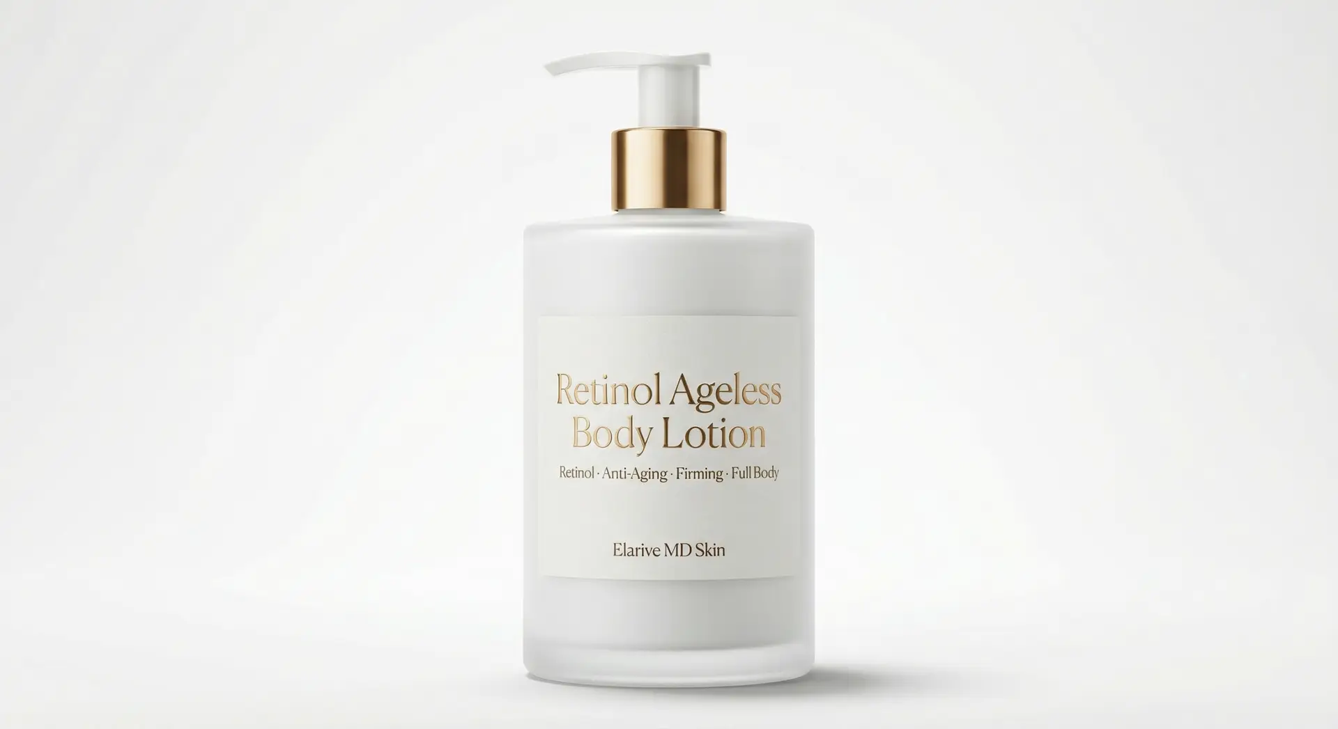 Elarive MD Skin Retinol Ageless Body Lotion bottle with pump, featuring anti-aging, firming, and hydrating properties for full body care.