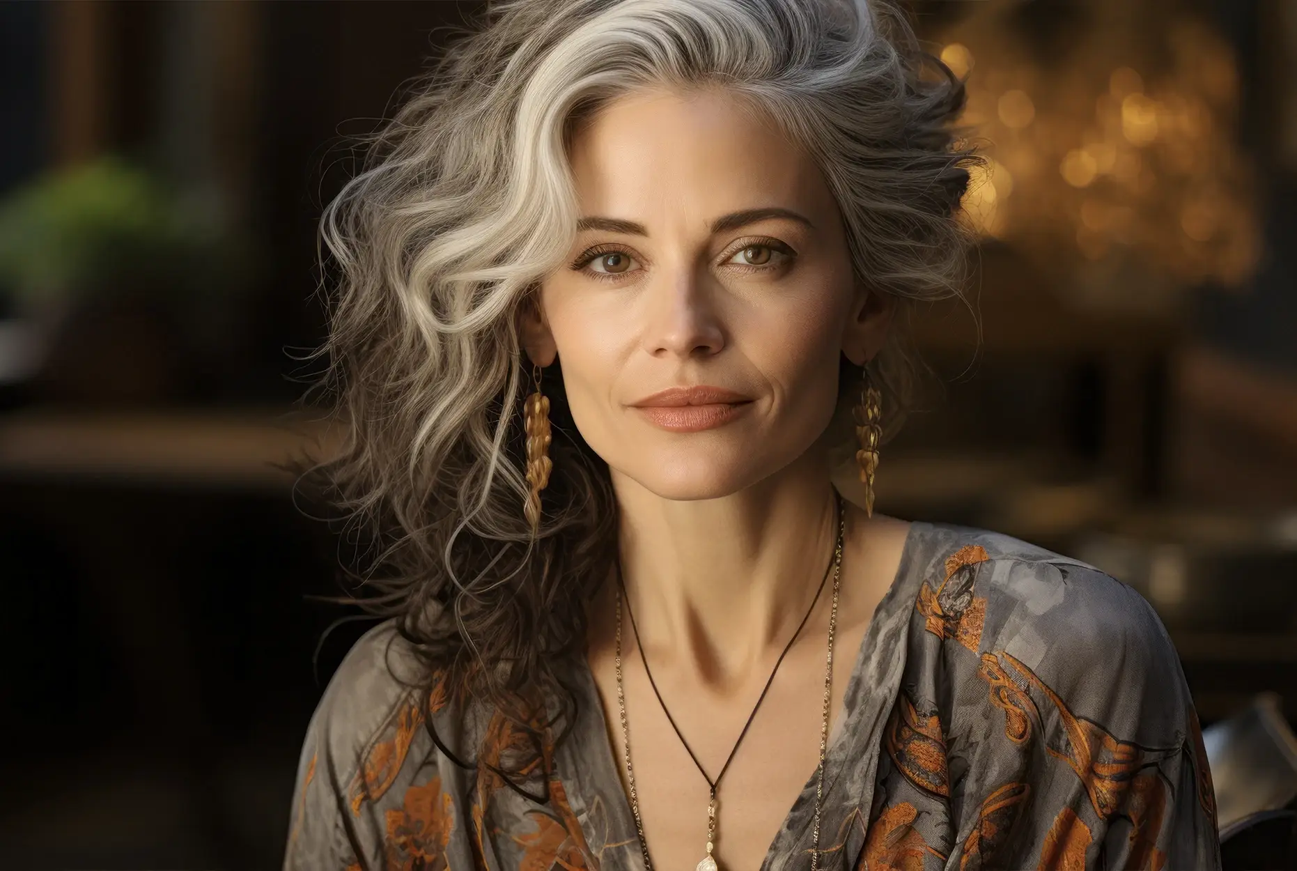 Middle-aged woman with silver hair and curly texture, wearing a patterned blouse and earrings, showcasing a youthful appearance and radiant skin, reflecting the results of non-surgical aesthetic treatments like the Ultra Facelift.