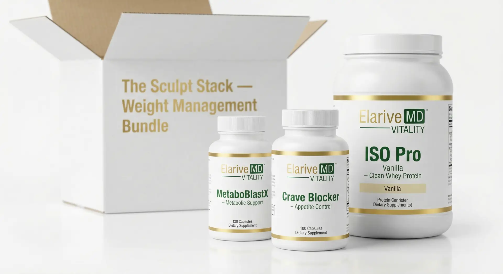 Elarive MD The Sculpt Stack weight management bundle featuring MetablastX for metabolic support, Crave Blocker for appetite control, and ISO Pro clean whey protein in branded packaging.
