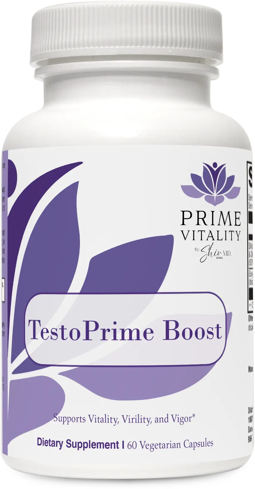 Bottle of TestoPrime Boost dietary supplement by Prime Vitality, featuring a white label with purple accents, highlighting benefits for vitality, virility, and vigor, suitable for men's health support.