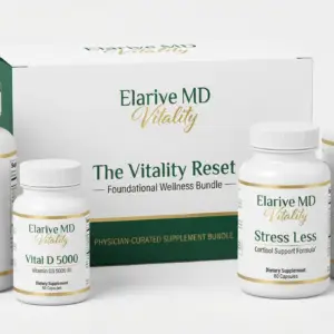 Elarive MD Vitality Reset wellness bundle featuring Vital D 5000 and Stress Less supplements, physician-formulated for men's health and vitality.