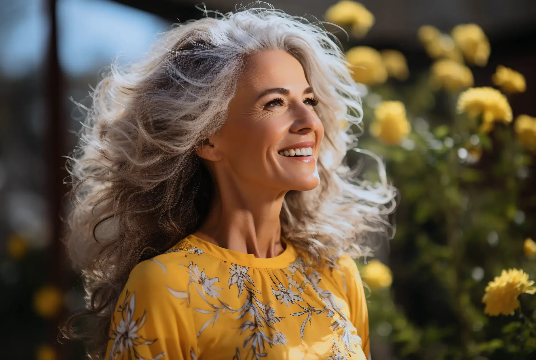 Smiling woman with silver hair wearing a yellow dress, surrounded by yellow flowers, representing vitality and beauty in aesthetic treatments.