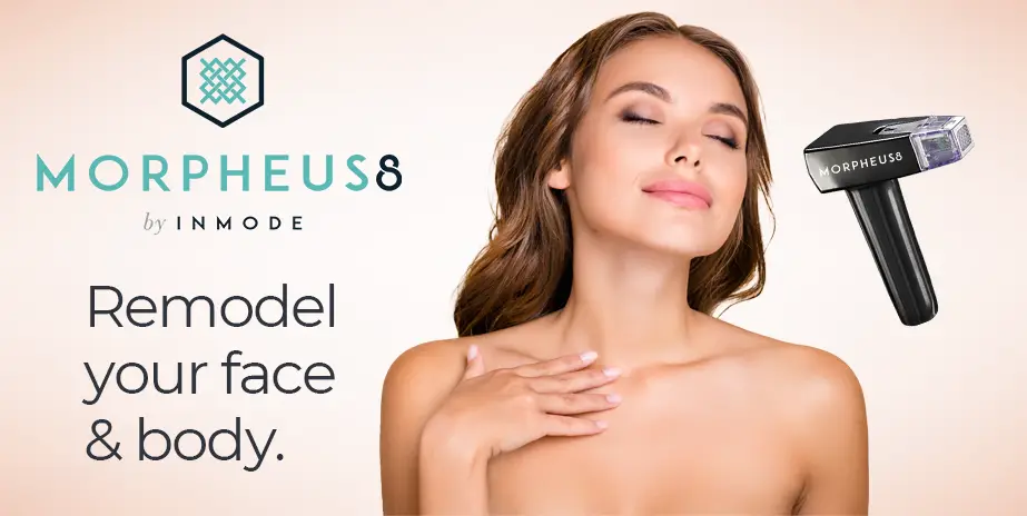 Morpheus8 promotional image featuring a woman with glowing skin, smiling serenely, and a Morpheus8 device displayed alongside, emphasizing skin remodeling for face and body.