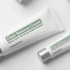 Clear Balance Cream by Elarive MD Skin, featuring labels for blemish control, non-drying formula, and breakout prevention, displayed in a clean, minimalist layout.