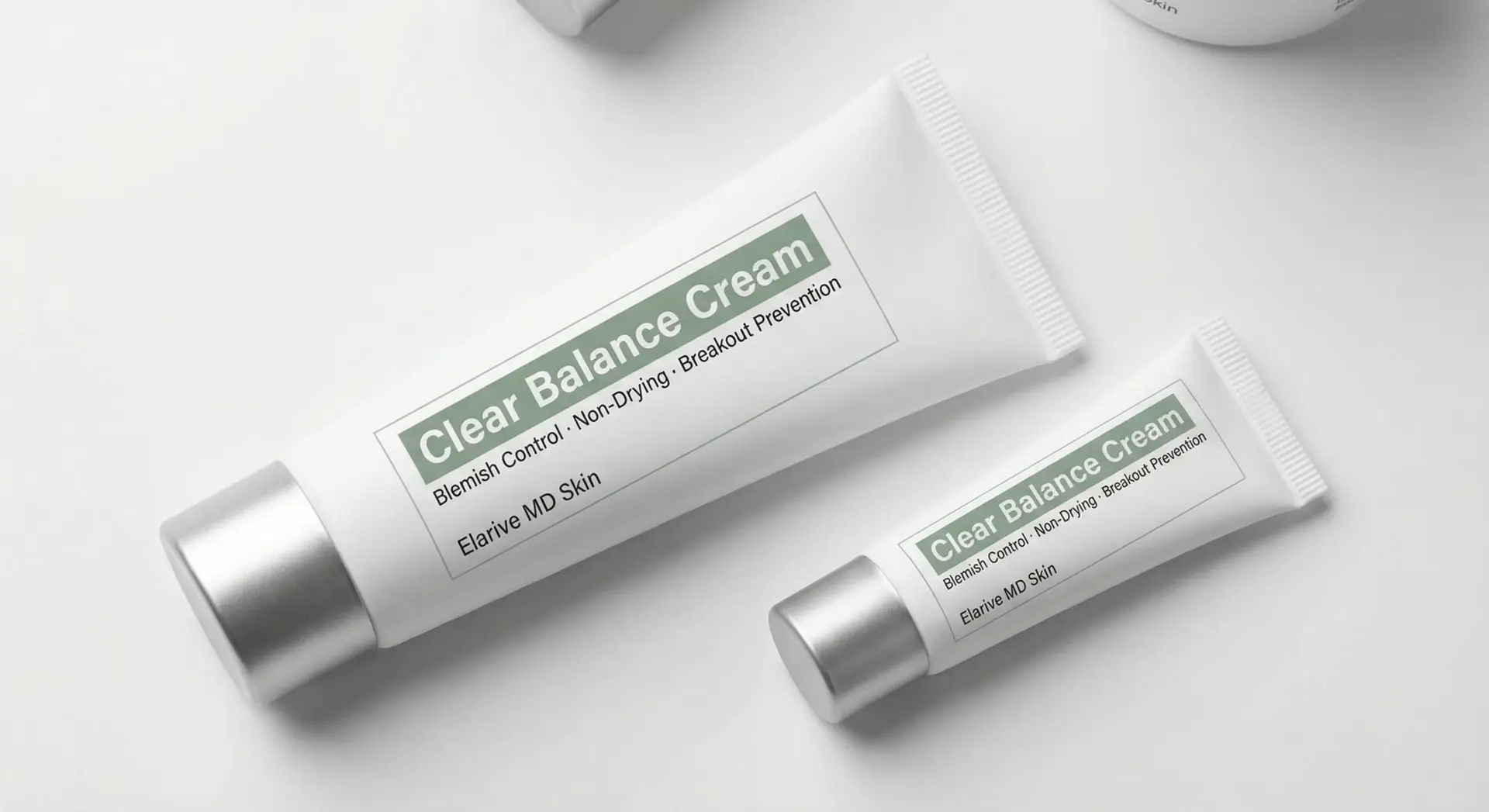 Clear Balance Cream tubes by Elarive MD Skin, featuring labels that highlight blemish control, non-drying formula, and breakout prevention, emphasizing acne treatment and skin health.