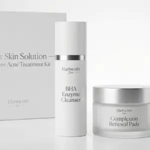 Elarive MD Clear Skin Solution kit featuring BHA Enzyme Cleanser and Complexion Renewal Pads, designed for acne treatment and skincare.