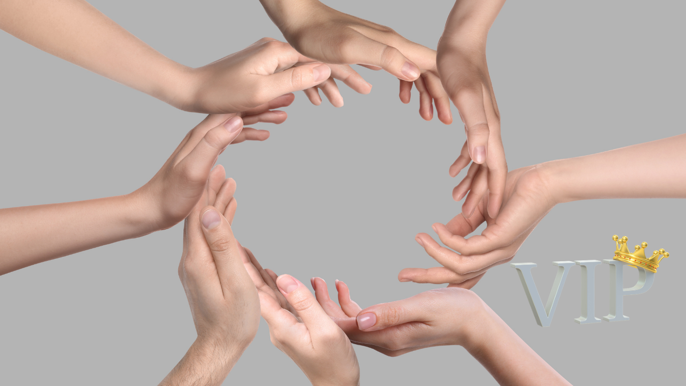 Hands forming a circle with a VIP logo and crown, symbolizing exclusivity and community in the Crown Club membership program at Prime Vitality Care.