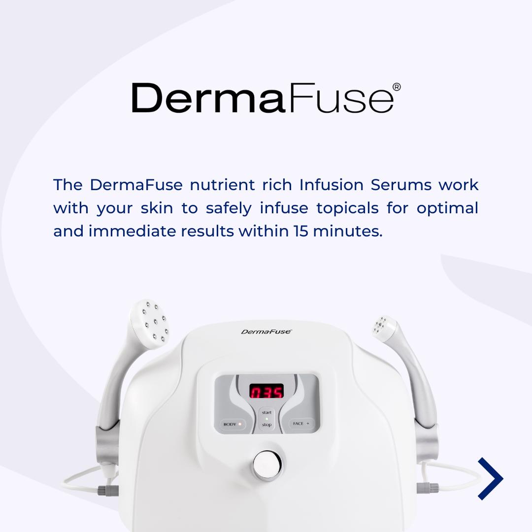 DermaFuse device for nutrient-rich infusion serums, featuring controls for body and face treatments, promoting optimal skincare results in 15 minutes.