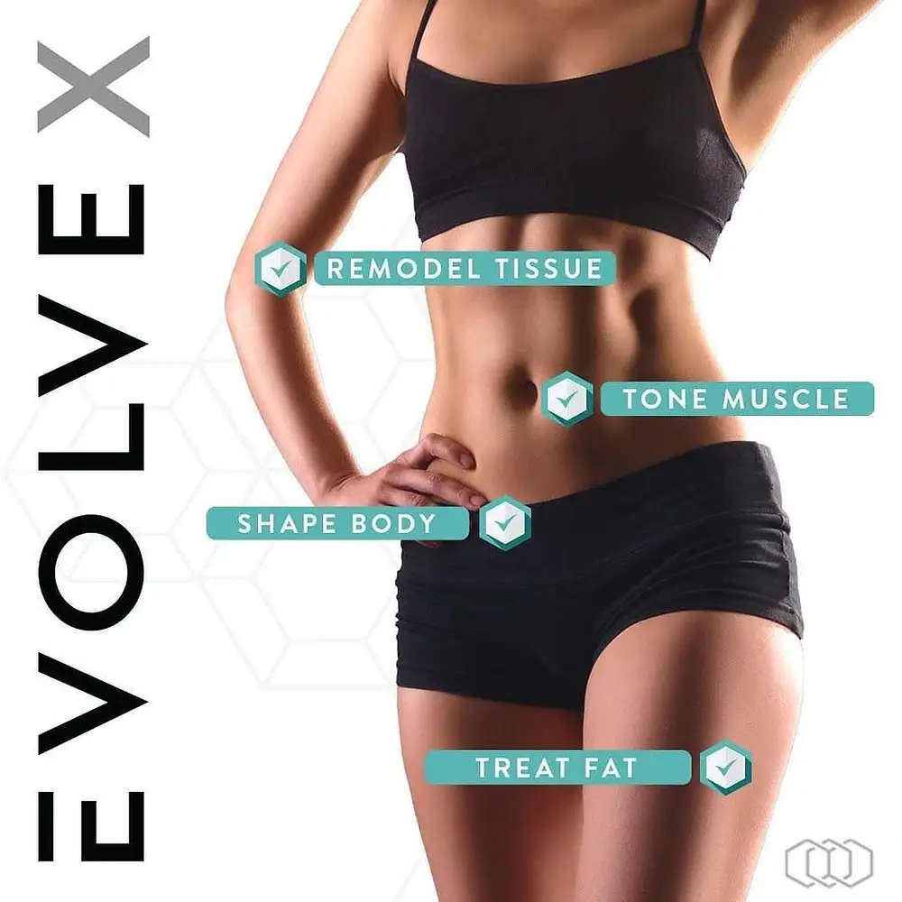Woman in athletic wear showcasing toned midsection with text highlighting benefits of EvolveX: remodel tissue, tone muscle, shape body, and treat fat, emphasizing non-invasive body contouring.