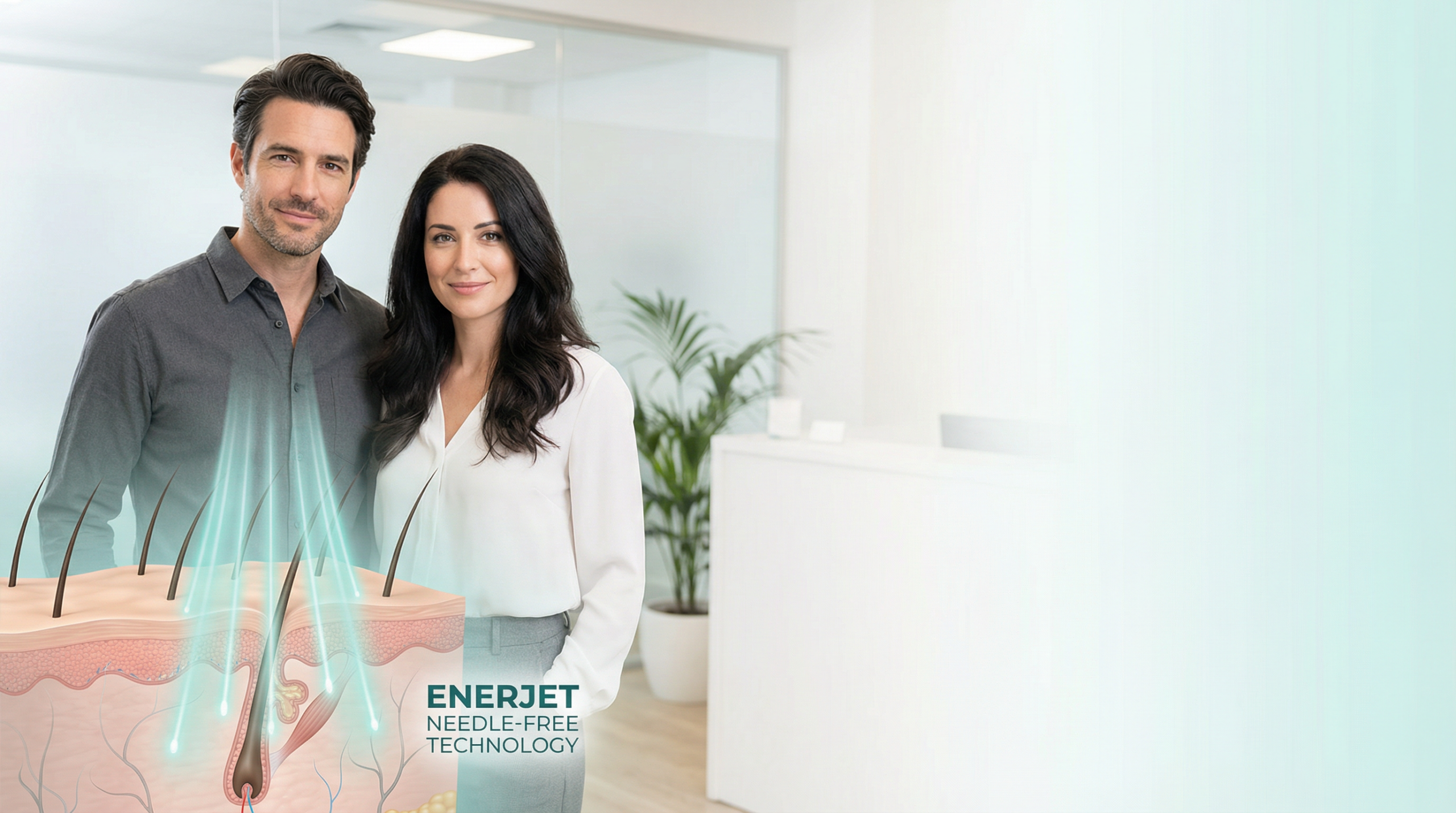 Man and woman smiling in a modern clinic, showcasing Enerjet needle-free hair restoration technology with visual representation of hair follicles and treatment process.