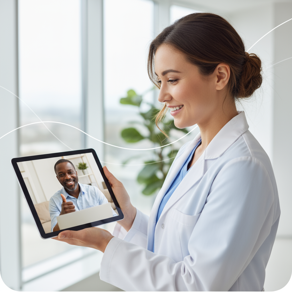 Healthcare professional in white coat smiling while holding a tablet displaying a man giving a thumbs-up, representing telehealth services for men's wellness at Prime Vitality Total Wellness and Medical Spa.