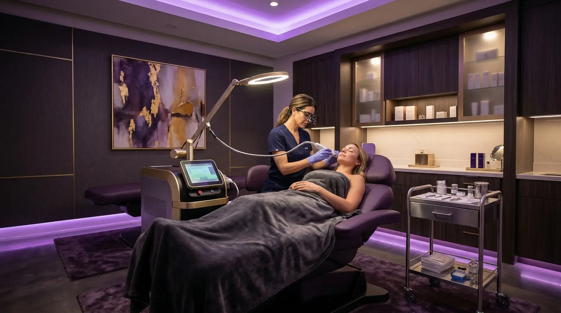 Physician administering medical aesthetics treatment, featuring advanced equipment, in a modern spa setting with soft purple lighting and a client receiving care.