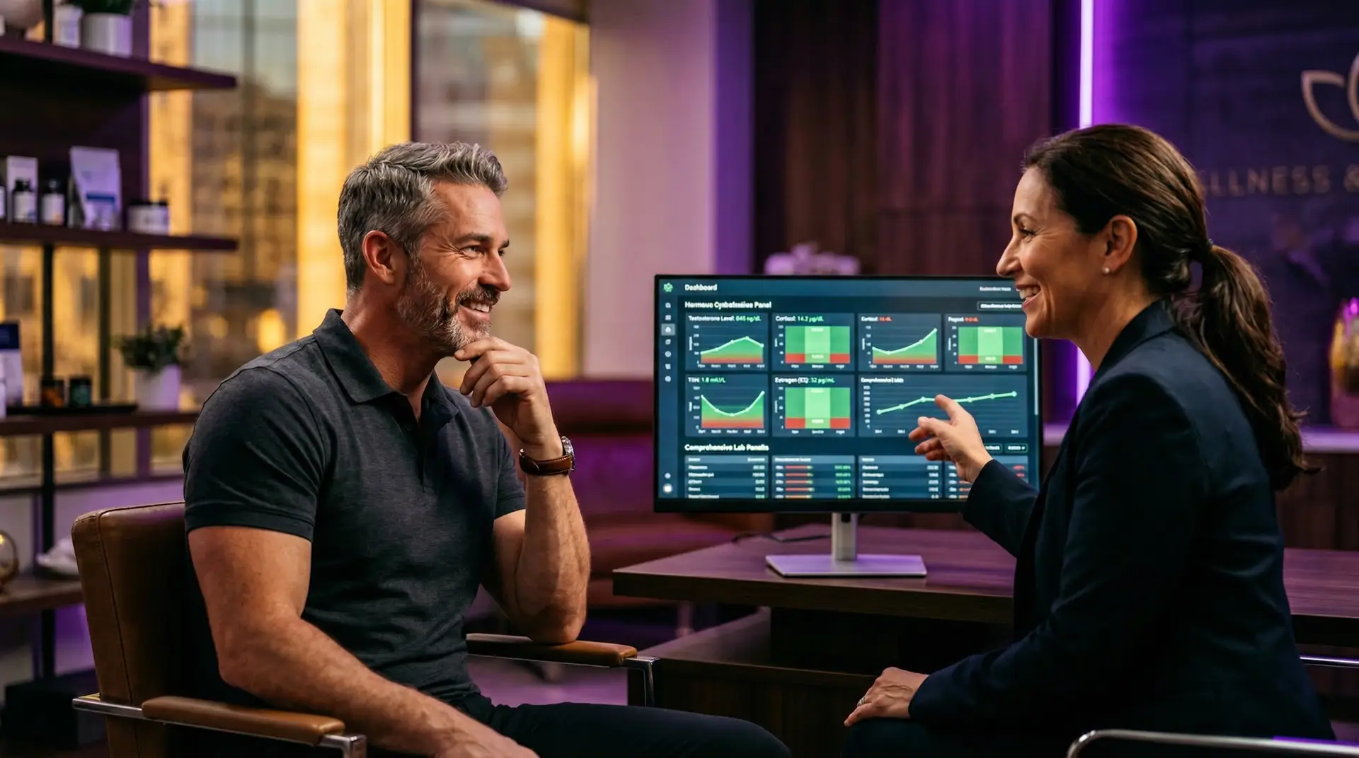 Man and woman discussing hormone optimization data at a wellness center, with a digital dashboard displaying hormone levels and health metrics.