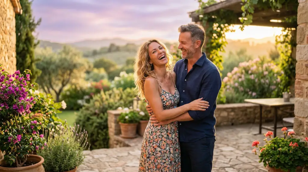 Smiling couple embracing outdoors at golden hour, reflecting Prime Vitality Care's warm, whole-person approach to wellness
