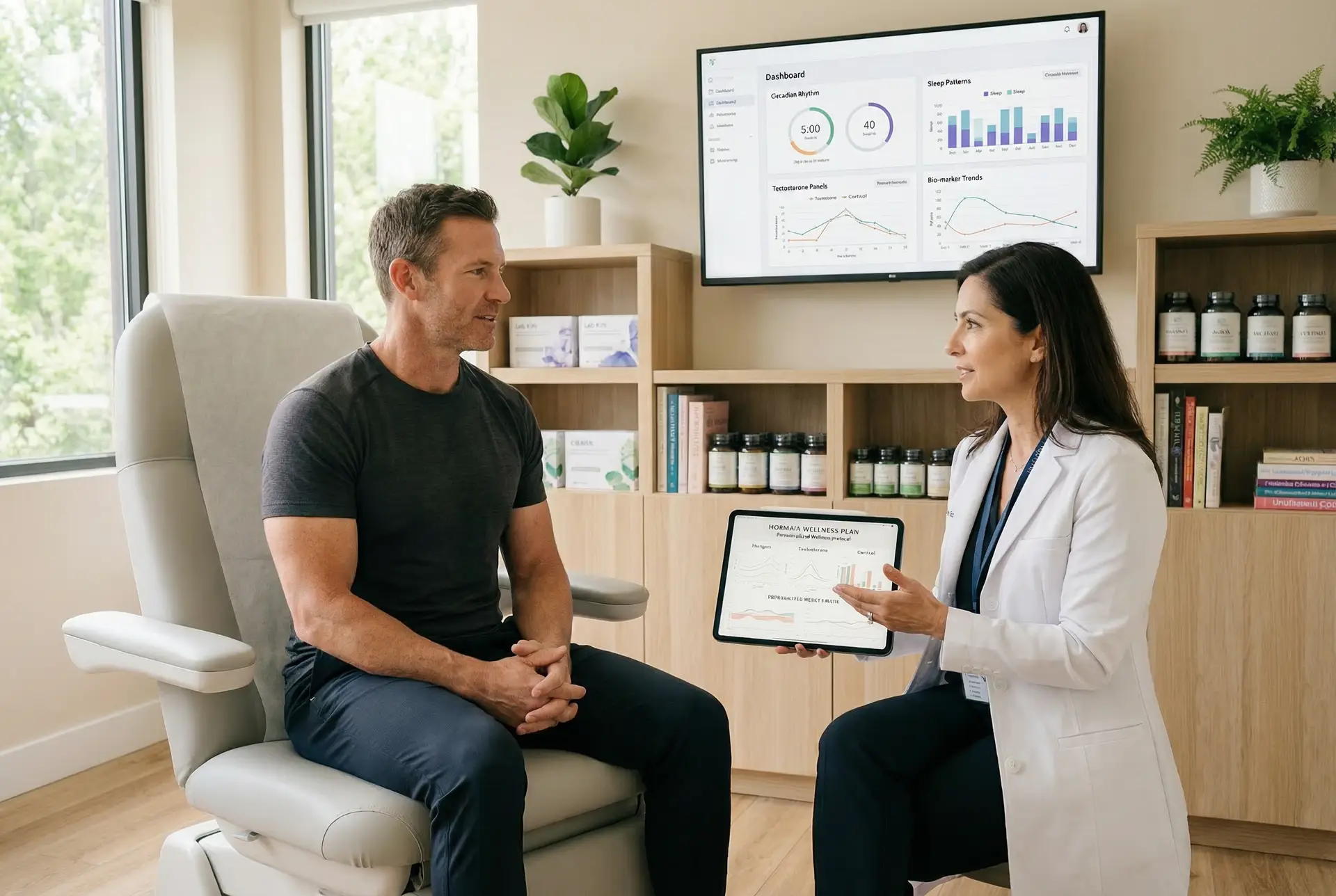 Man consulting with a healthcare professional in a modern clinic, discussing hormone wellness plan, with charts displayed on a tablet and dashboard behind, emphasizing functional medicine and hormone optimization.