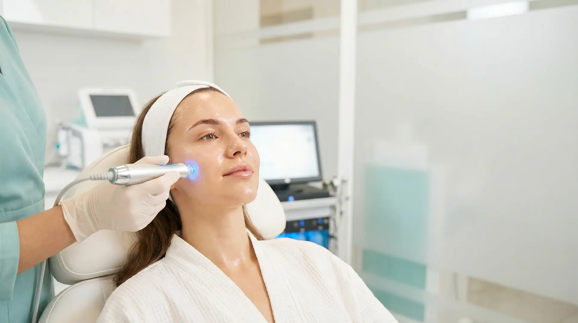 Woman receiving HydraFacial treatment with a handheld device, glowing skin, in a modern spa environment, emphasizing clinical aesthetic care.