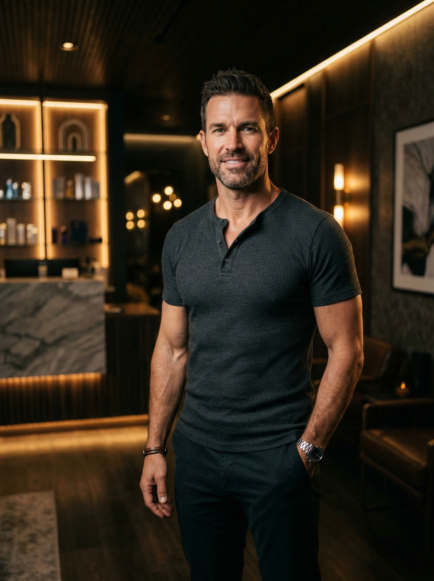 Man in a fitted gray shirt smiling in a wellness spa setting, showcasing men's health focus and vitality products.