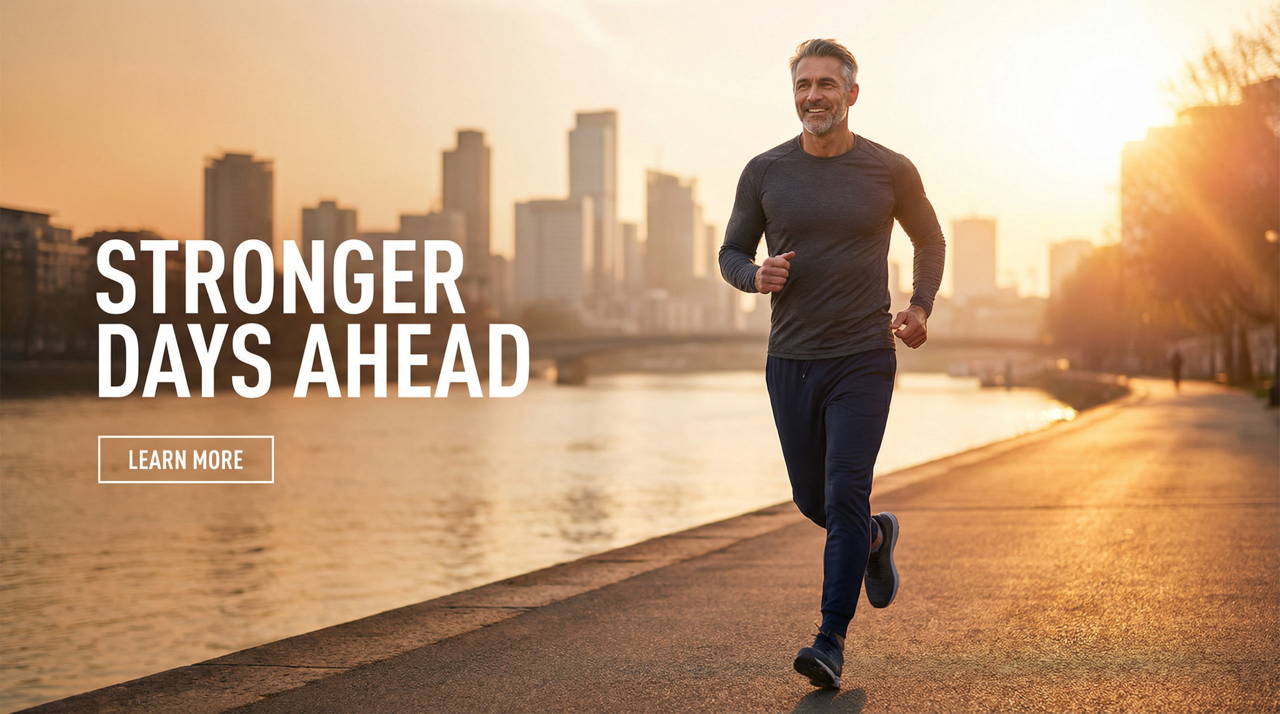 Man jogging along a riverside path at sunrise, promoting health and vitality, with text overlay "Stronger Days Ahead" and a call to action "Learn More."