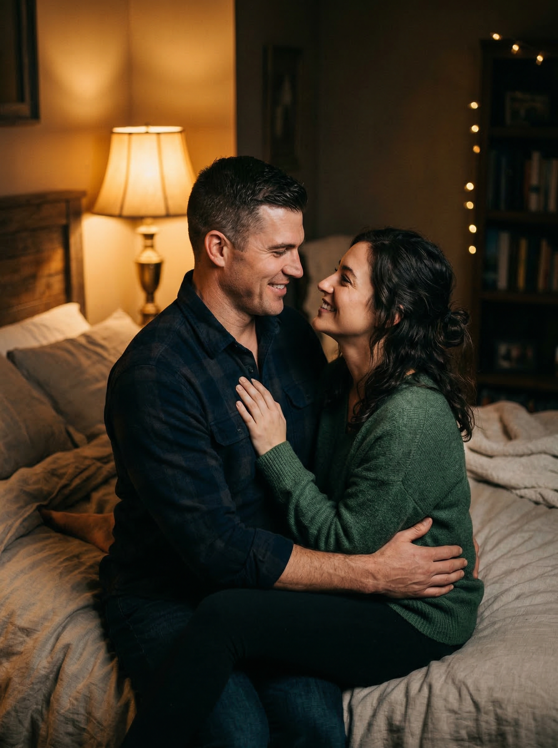 Couple sharing a joyful moment in a cozy bedroom, emphasizing intimacy and connection, relevant to men's wellness and relationship health.