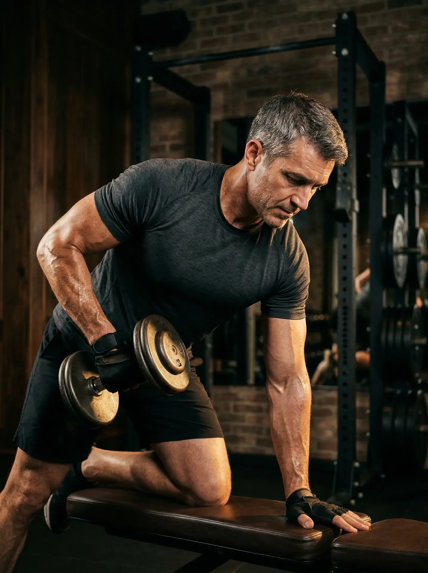 Man exercising with dumbbells in a gym, emphasizing strength training and fitness, relevant to hormone optimization and athletic performance.