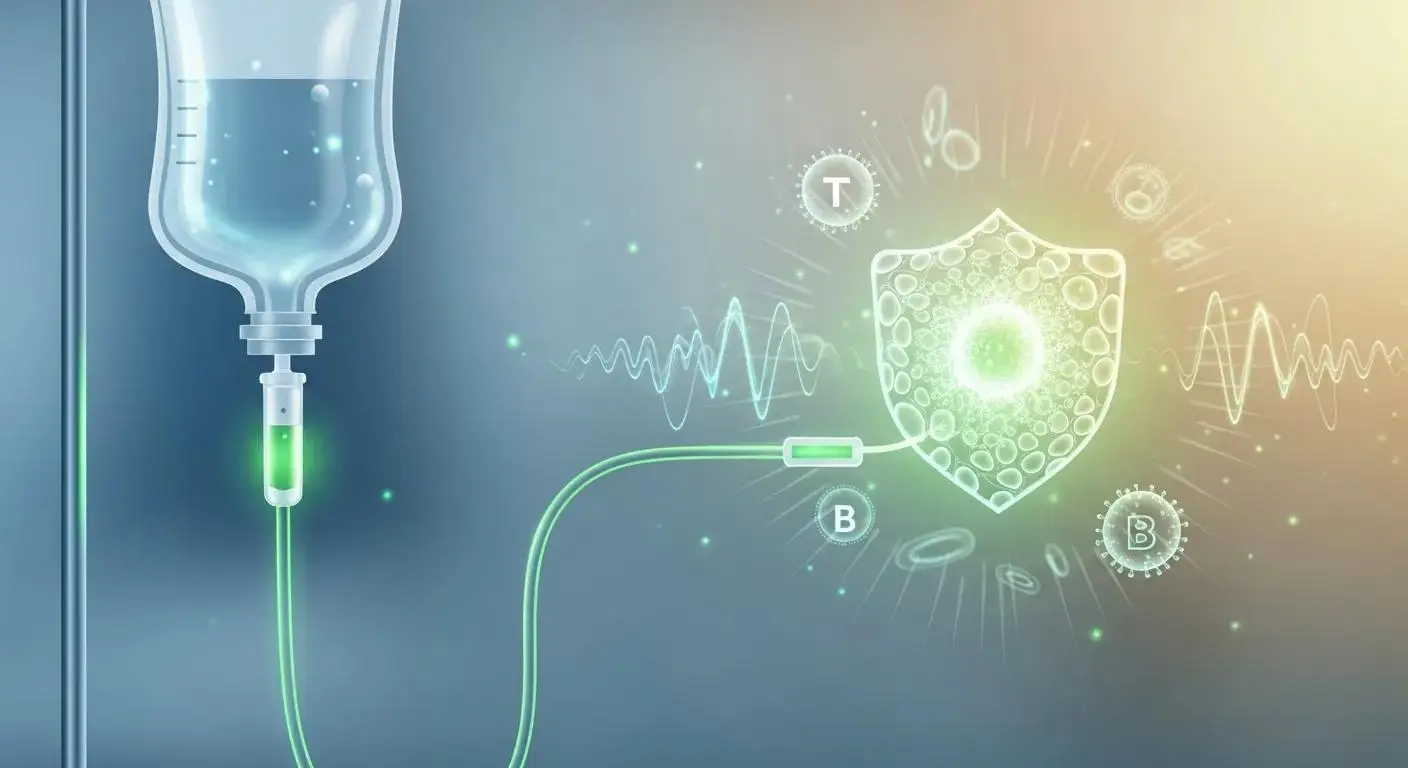 IV therapy bag and shield graphic representing immune boost and nutrient infusions at Prime Vitality