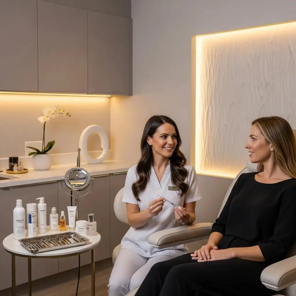 Aesthetician consulting with a client in a serene spa environment about Botox and dermal fillers