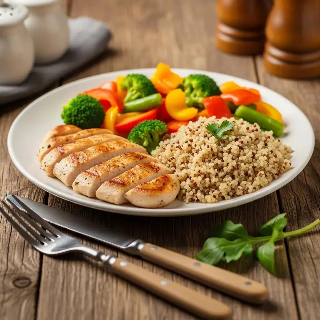 Balanced meal featuring grilled chicken, quinoa, and colorful vegetables, emphasizing protein, healthy fats, and fiber for effective weight loss.