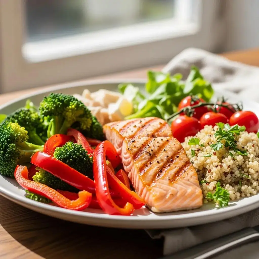 Close-up of a healthy meal plate with colorful vegetables and lean proteins, representing the benefits of semaglutide