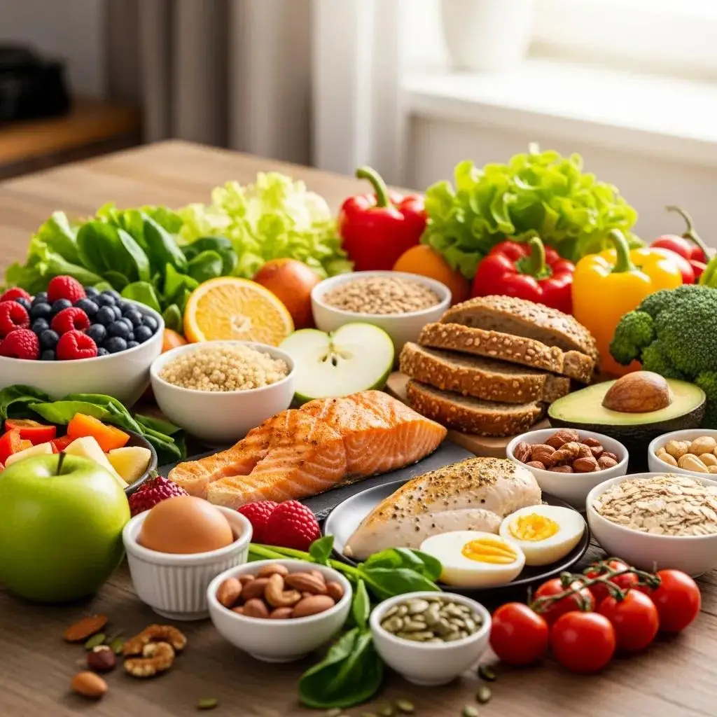 Colorful assortment of healthy foods promoting effective nutrition strategies for weight loss