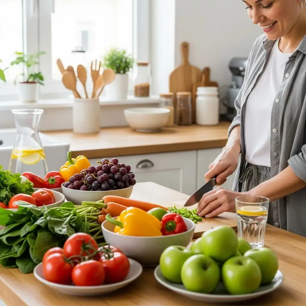 Colorful fruits and vegetables in a kitchen, representing functional nutrition and healthy living