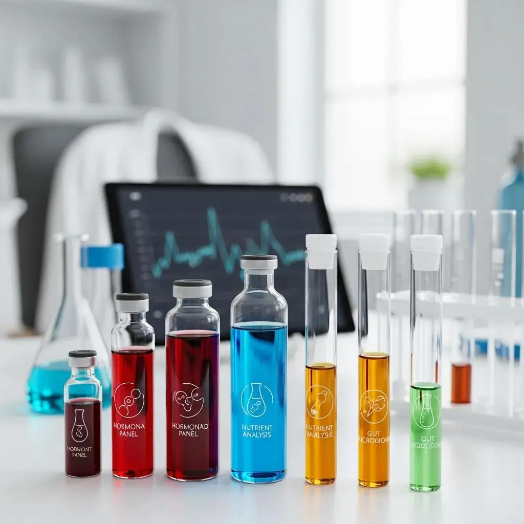 Laboratory scene featuring various functional lab tests with colorful vials and test tubes