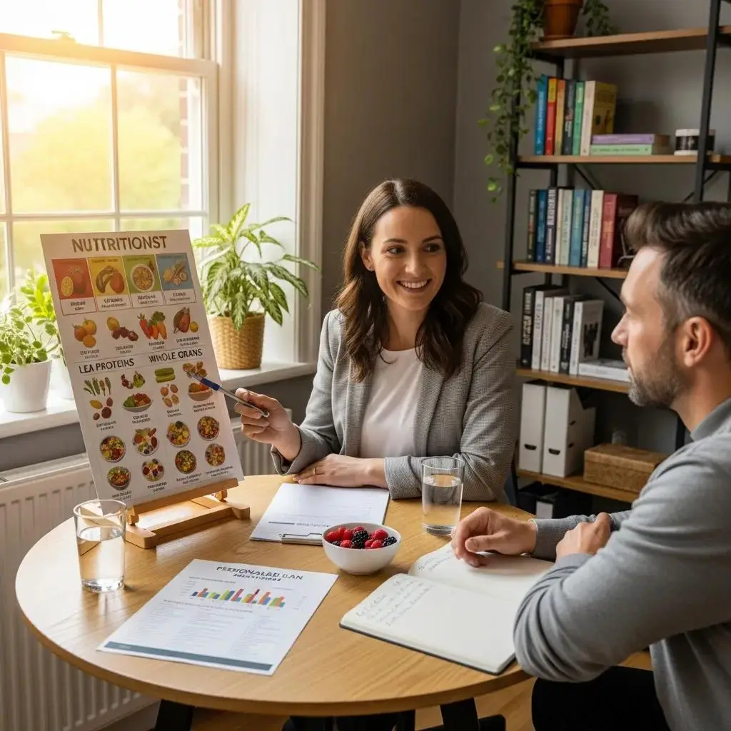 Nutritionist and client discussing personalized meal plans in a supportive office environment