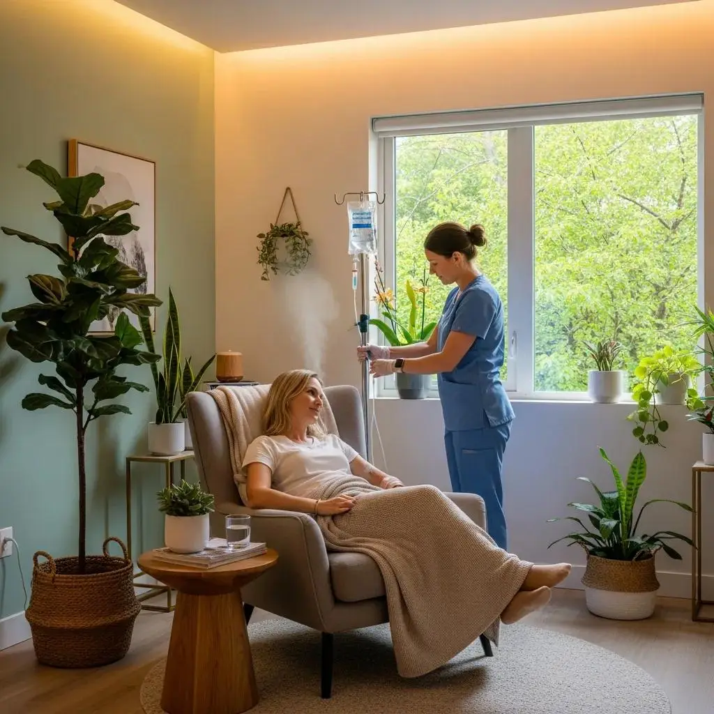 Patient receiving IV therapy in a calming wellness clinic, highlighting holistic health improvement