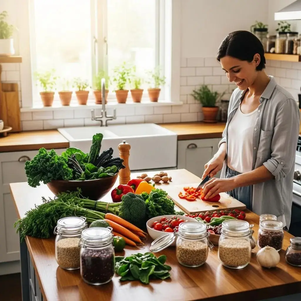 Woman preparing a healthy meal with fresh vegetables and grains, emphasizing sustainable eating practices in a well-lit kitchen.