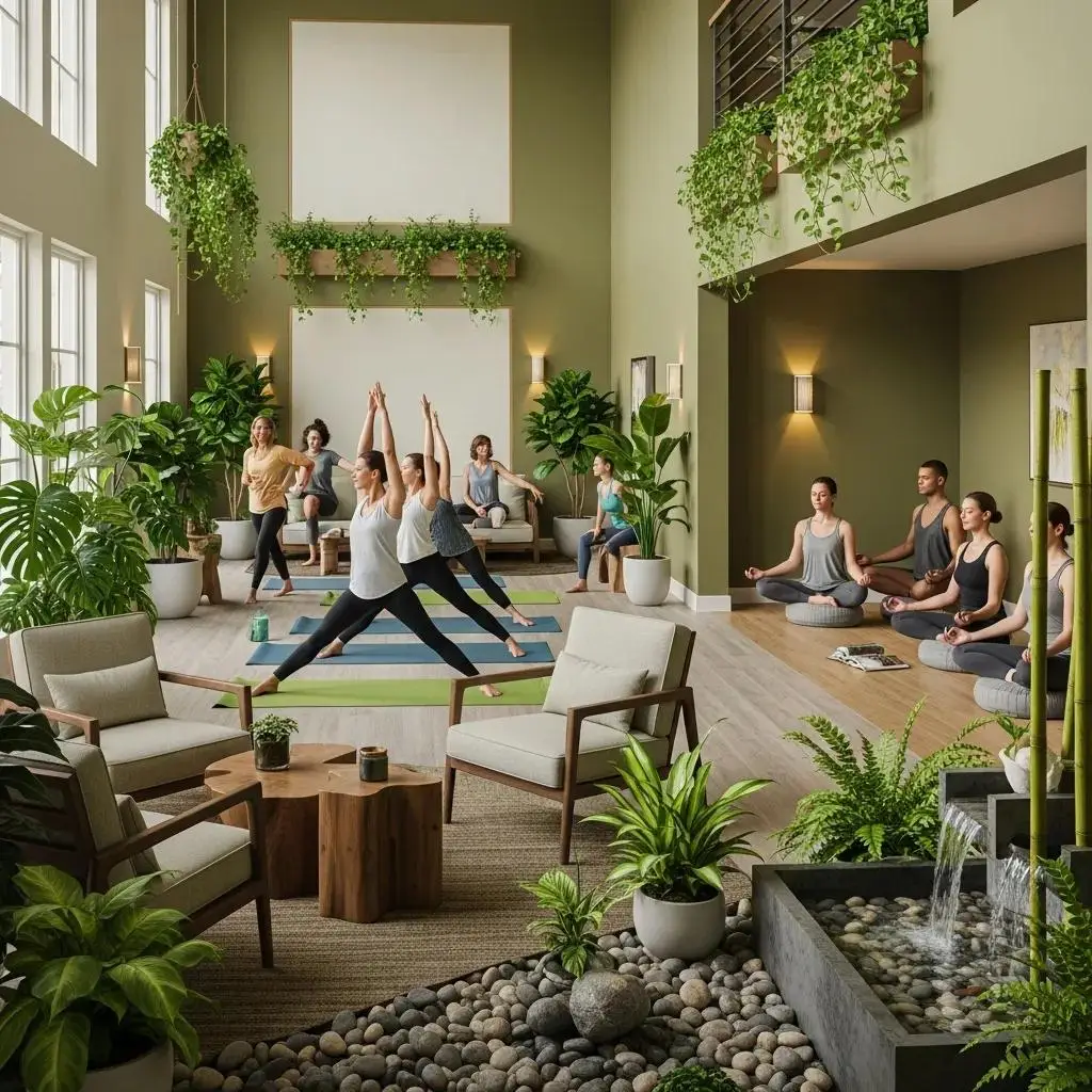 Wellness center in San Antonio with people practicing yoga and meditation, emphasizing integrative lifestyle programs