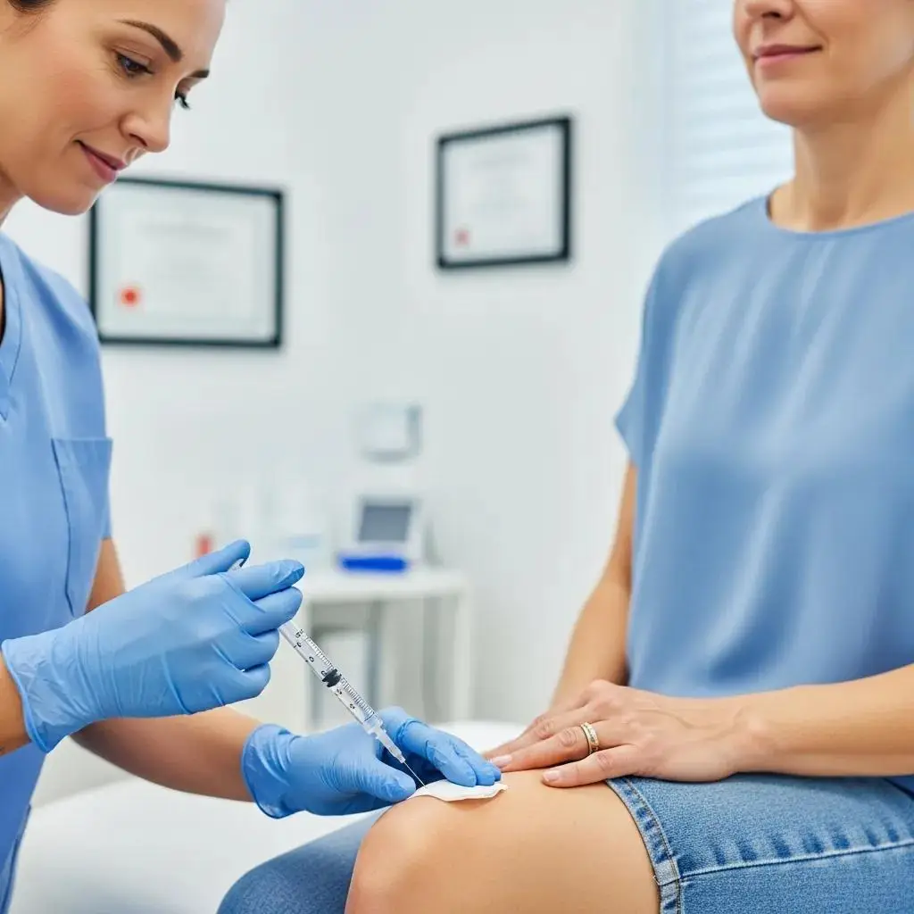 Patient receiving PRP injection for joint pain relief in a medical office