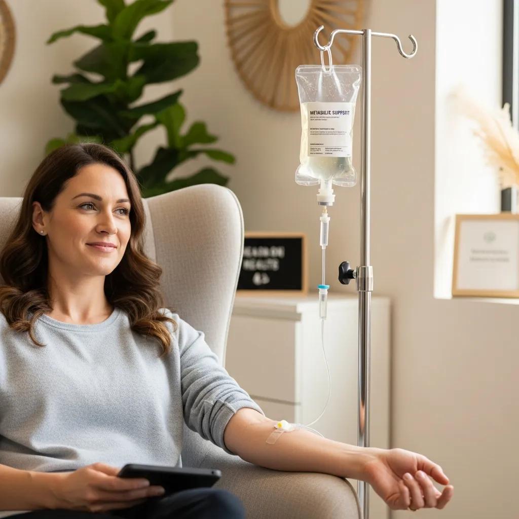 Patient receiving IV therapy for weight loss support in a clinical setting