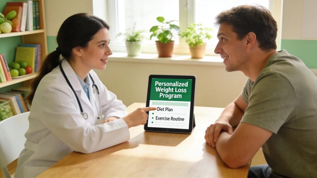 Physician-led weight loss consultation illustrating supportive care and personalized attention