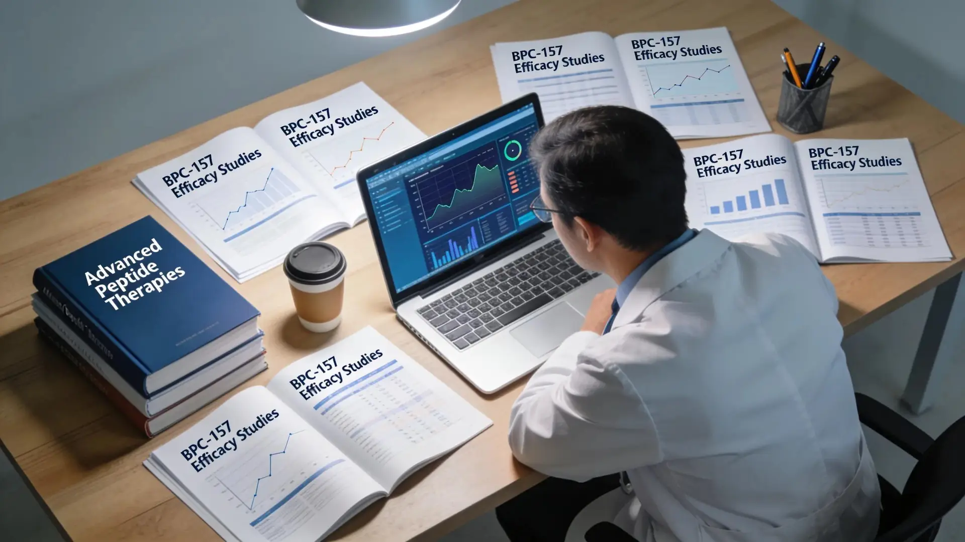 Healthcare professional reviewing data related to BPC-157 clinical studies emphasizing research and efficacy