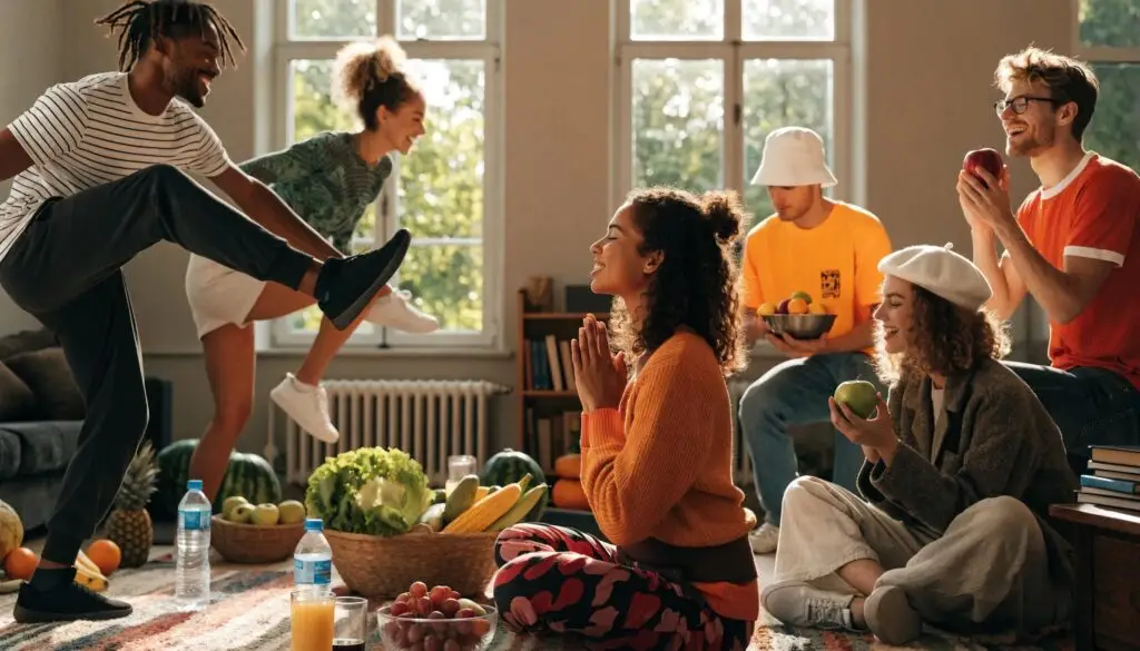 Group of diverse individuals practicing holistic health routines in a bright, inviting environment