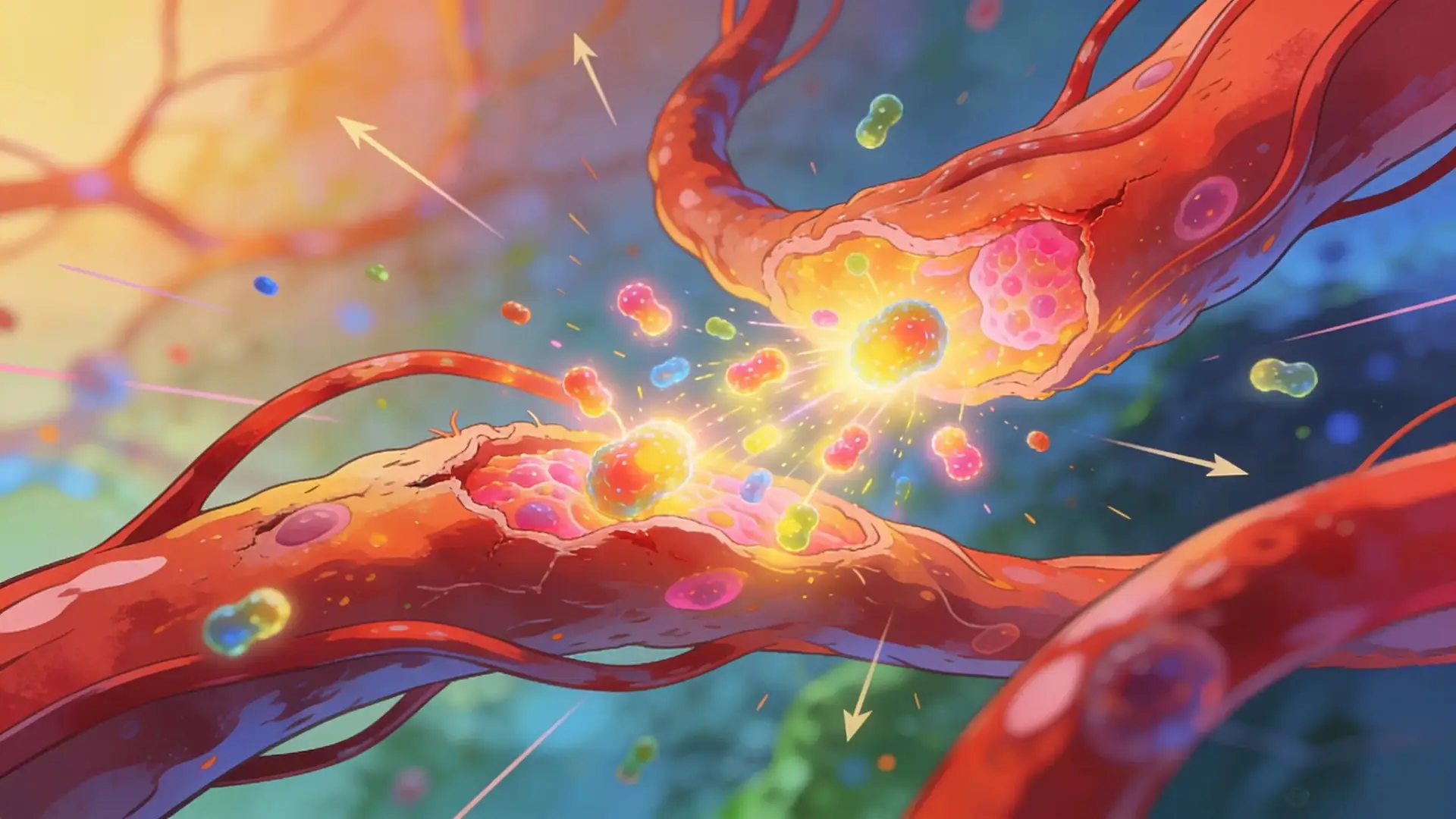 Illustration of biological pathways showing enhanced blood flow and healing mechanisms related to BPC-157