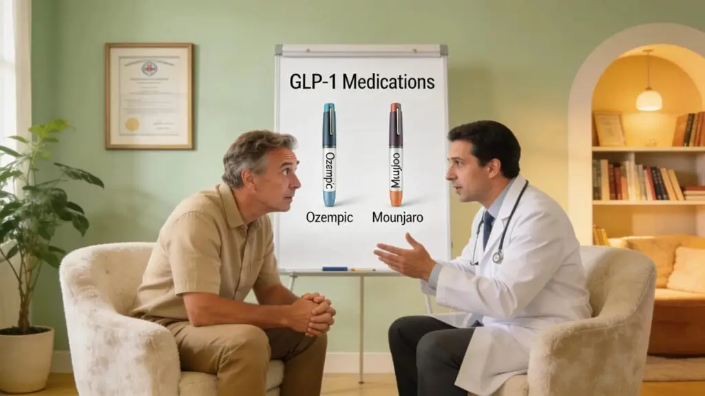 Doctor discussing GLP-1 weight-loss medications in a comforting healthcare setting with a patient