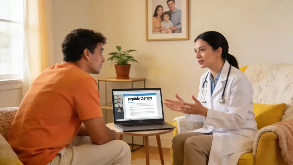 Telehealth consultation for peptide therapy showcasing a healthcare professional and patient in a comfortable home setting