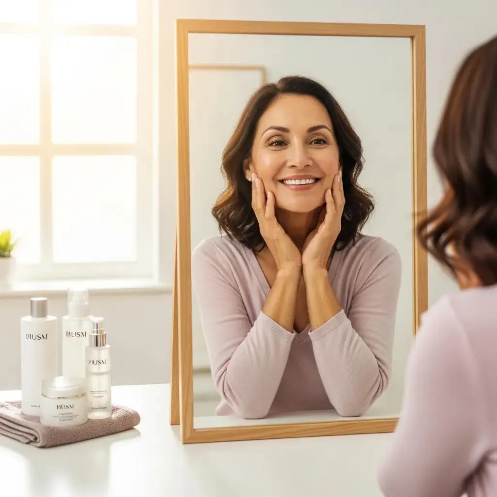 A satisfied woman admiring her reflection after non-surgical facial rejuvenation with fillers