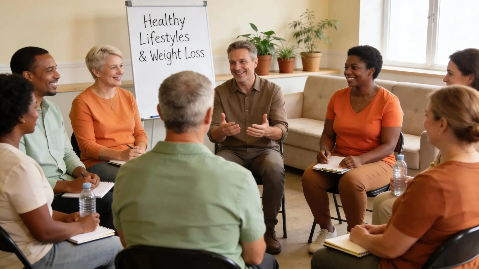 Diverse adults discussing weight loss support and options in a community setting