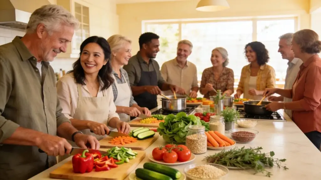 Adults engaged in a healthy cooking class promoting weight loss journey