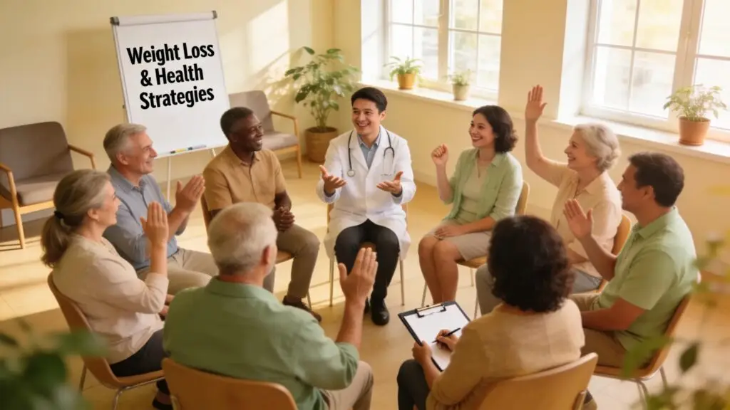 Group discussion about Tirzepatide and weight loss in a supportive healthcare environment