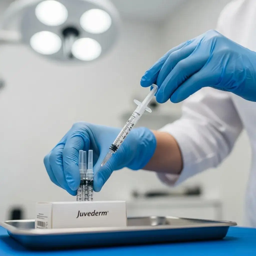 Medical professional preparing Juvederm fillers in a sterile environment