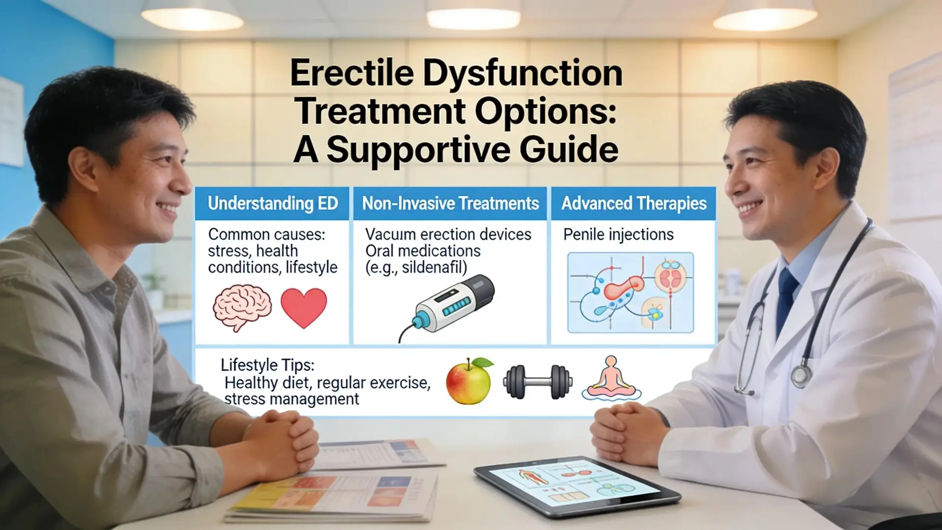 Man consulting with physician about erectile dysfunction treatment options and therapies.